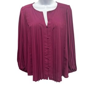 Nine West Womens Berry Magenta Pleated‎ Long Sleeve Button Front Blouse Size M